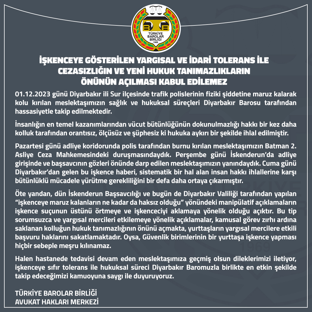 İşkenceye Gösterilen Yargısal ve İdari Tolerans İle Cezasızlığın ve Yeni Hukuk Tanımazlıkların Önünün Açılması Kabul Edilemez

👉 tbb.av.tr/1043