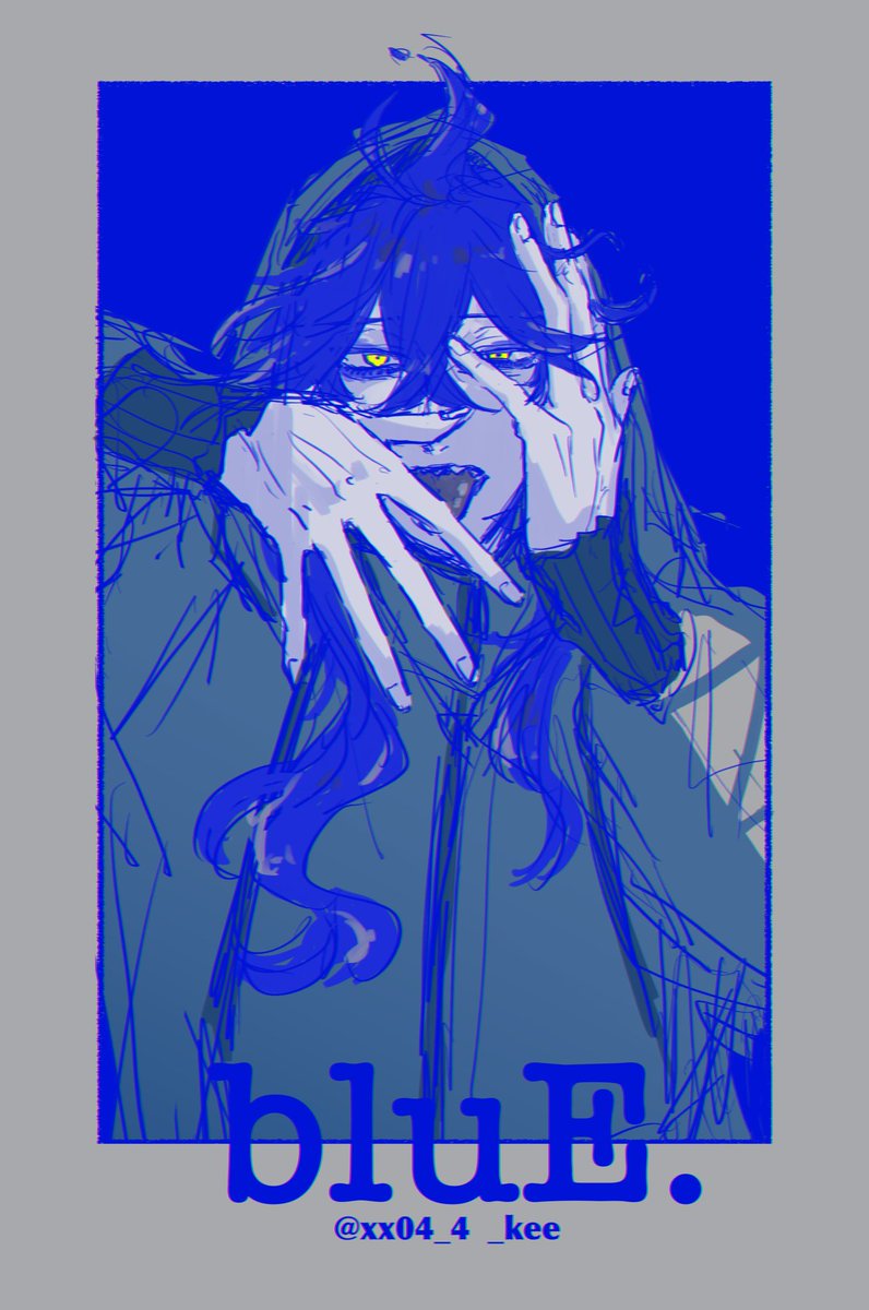 1boy male focus solo yellow eyes long hair blue hair hood  illustration images