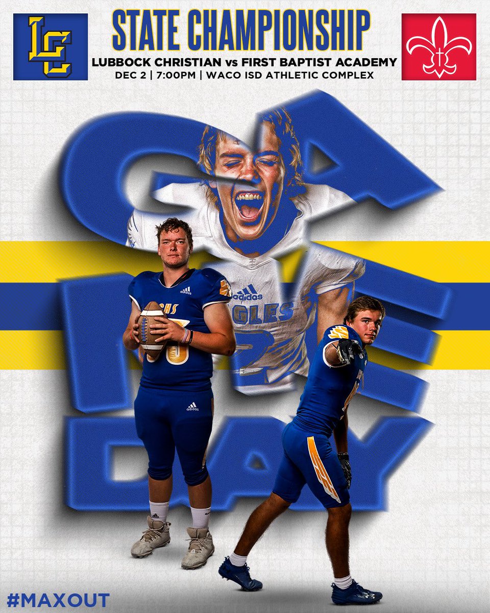 LCHSEagles's tweet photo. It. Is. Time. 

GAMEDAY!!🏈🦅

LCHS 🆚 First Baptist for the STATE CHAMPIONSHIP!🏆 7pm in Waco, TX 

#JandT #letsdothis #MAXOUT

@RandyRosetta @HubCityPrepsLBK @KCBD11 @806hsscmedia @lubbockonline @KLBKsports @pchristy11 @lonestarvarsity @ZachFoxSports1 @TappsFootball @TXPSMedia https://t.co/5vPx5LxCVW
