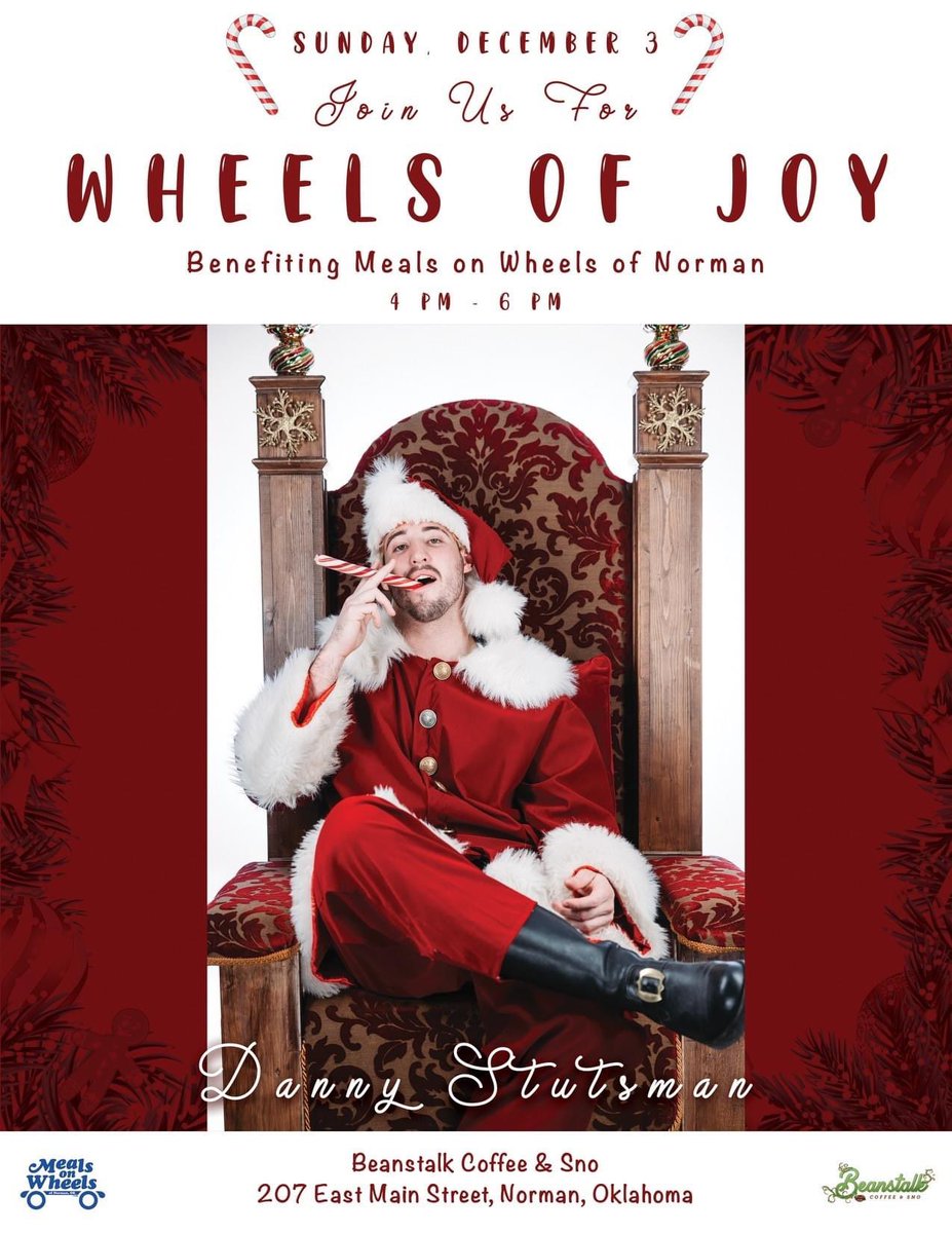 TOMORROW! Hey Norman! Let’s help OU LB Danny Stutsman and his capstone class group with their project! Join us for pictures and autographs with Danny “Stutsman Claus” to benefit Meals on Wheels of Norman! 🗓️Sun, December 3 (4-6 pm) Beanstalk Coffee and Sno - 207 E. Main Street