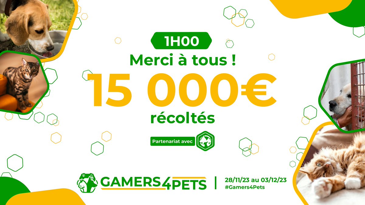 gamers4pets's tweet photo. 15 000 € atteint ce matin à 01h00 après 77H / 122H de live marathon !!! 🔥💪❤️

Grâce à VOUS nous faisons une différence ! 💖

Par la même occasion, de nouveaux paliers ont été atteints ! ✨

Dont 3 nouveaux Giveways qui vont pouvoir être offerts aux donateurs du gamers4pets🙏 https://t.co/1QQsmhb4UF