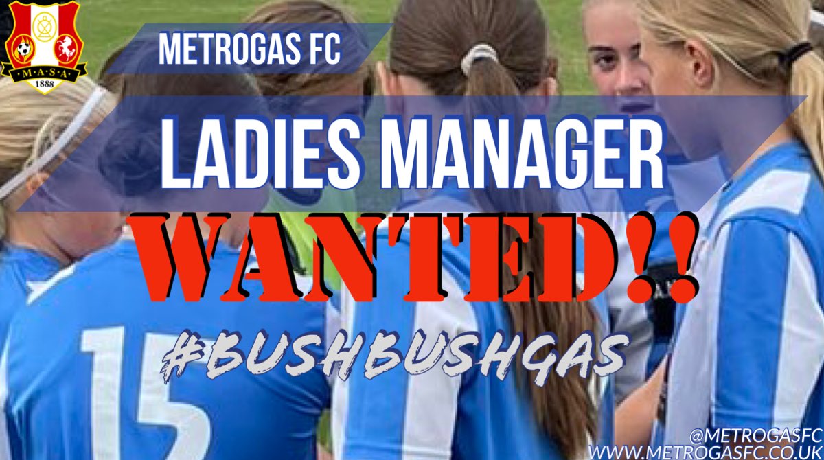 Metrogas FC (@metrogasfc) on Twitter photo Women’s 1st Team Manager Wanted
As the club continues to expand it’s women’s section, we are looking for a Ladies 1st team manager for the 24/25 season.
Anyone interested in role then please get in touch or email MetrogasFC@gmail.com Women’s 1st Team Manager Wanted
As the club continues to expand it’s women’s section, we are looking for a Ladies 1st team manager for the 24/25 season.
Anyone interested in role then please get in touch or email MetrogasFC@gmail.com
