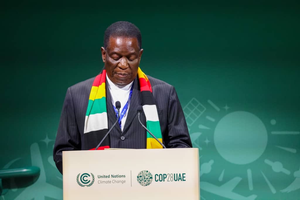edmnangagwa's tweet photo. For our children 🇿🇼

At COP28, I stressed the urgency of global collaboration to combat climate impacts. Zimbabwe is committed to ambitious climate goals and overcoming challenges, to protect our planet for future generations. 
#COP28 
#ForOurChildren 
#ZimbabweLeads https://t.co/g6Sf3zOGU9