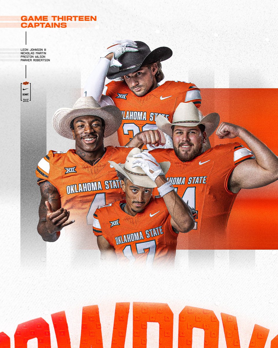 Championship game captains 🤠

<a href="/lj3of3/">Leon Johnson III</a>, @NickMartinPg6, <a href="/preston58wilson/">Preston Wilson</a>, <a href="/Parker_823/">Parker Robertson</a> 

#GoPokes | #DAT