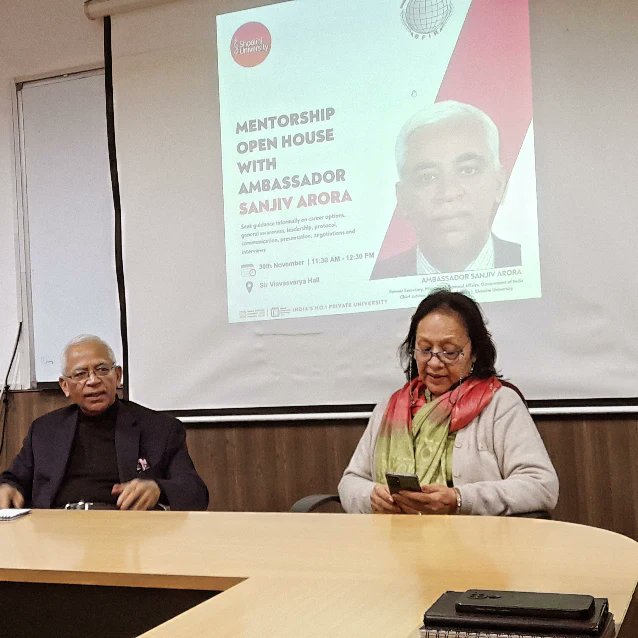 ForShoolini's tweet photo. "Grateful to have organized the SFIR 3rd Mentorship Open House with the esteemed Ambassador Sanjiv Arora. Such an empowering event, where we gained insights and guidance from a true visionary. @Ambsanjivarora @ShooliniUniv 

#Shooliniuniversity #Shooliniforum #GlobalRelations https://t.co/Ty9zwL4BE2