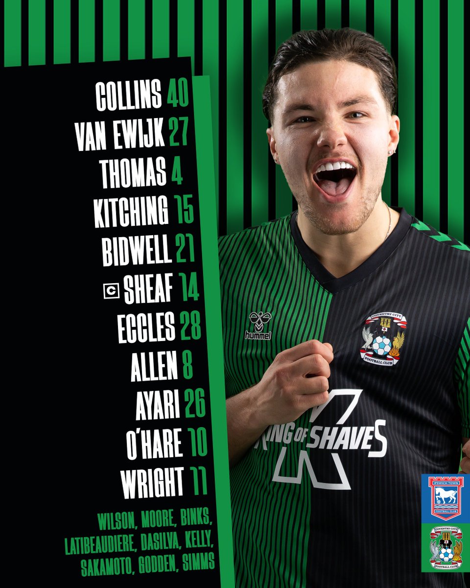 Coventry_City's tweet photo. We've got O'Hare, Callum O'Hare! 🩵
📋 Your team for this afternoon's @SkyBetChamp clash at @IpswichTown.
#PUSB
