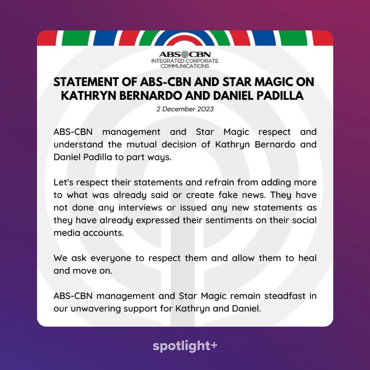 spotlightplusph's tweet photo. READ: ABS-CBN and Star Magic’s official statement regarding Kathryn Bernardo and Daniel Padilla. #Kathniel https://t.co/UFEq8h2EuK