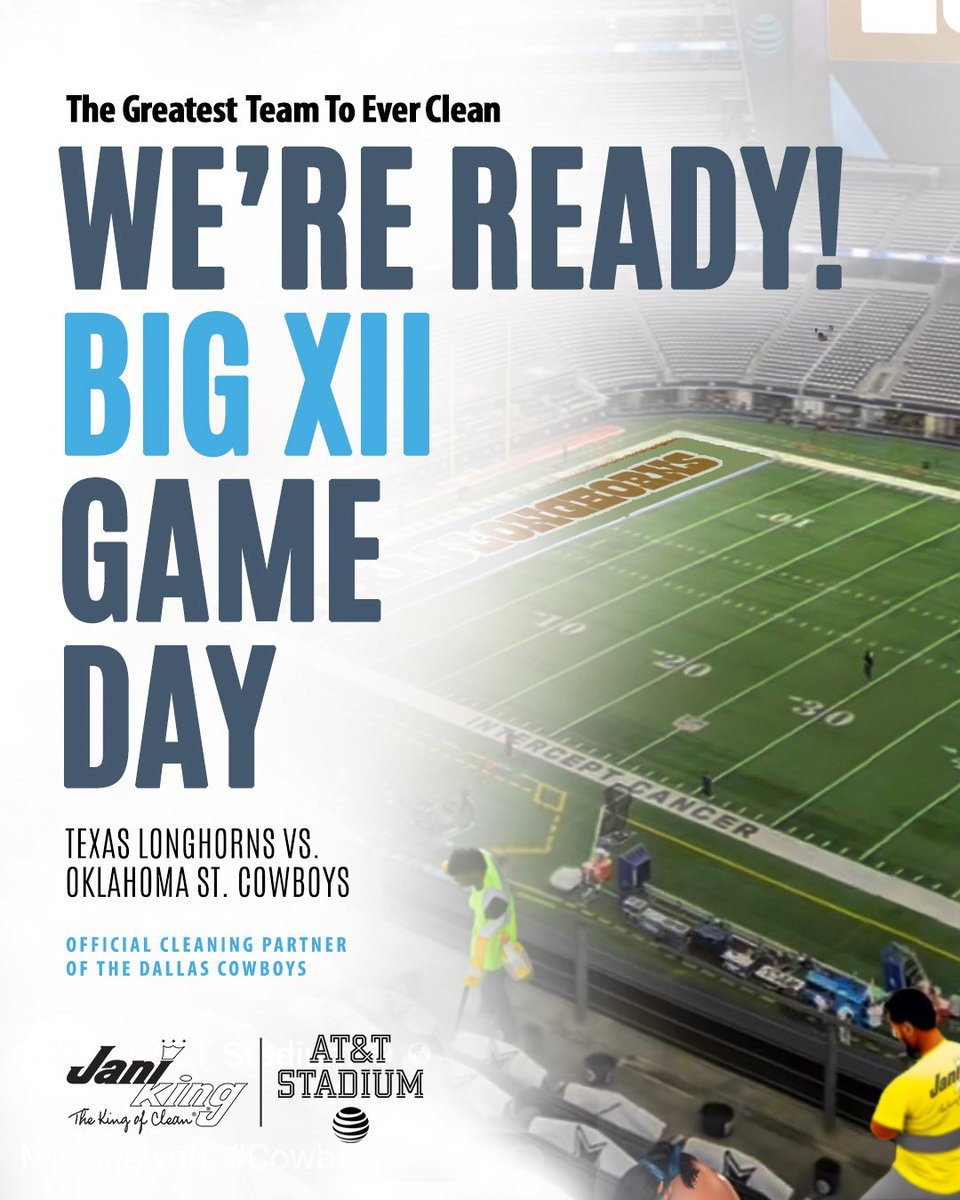 JaniKingClean's tweet photo. Exciting news from @ATTStadium! ๐๏ธ We're ready to keep the @Big12Conference Championship Game cleaned before, during, and after the Big Game. ๐๐ โ
#Big12Championship #GoHorns #GoPokes #CleanTeamโ #CollegeFootball #JaniKing #KingofClean #GreatestTeamToEverClean https://t.co/zekjZIeDbi