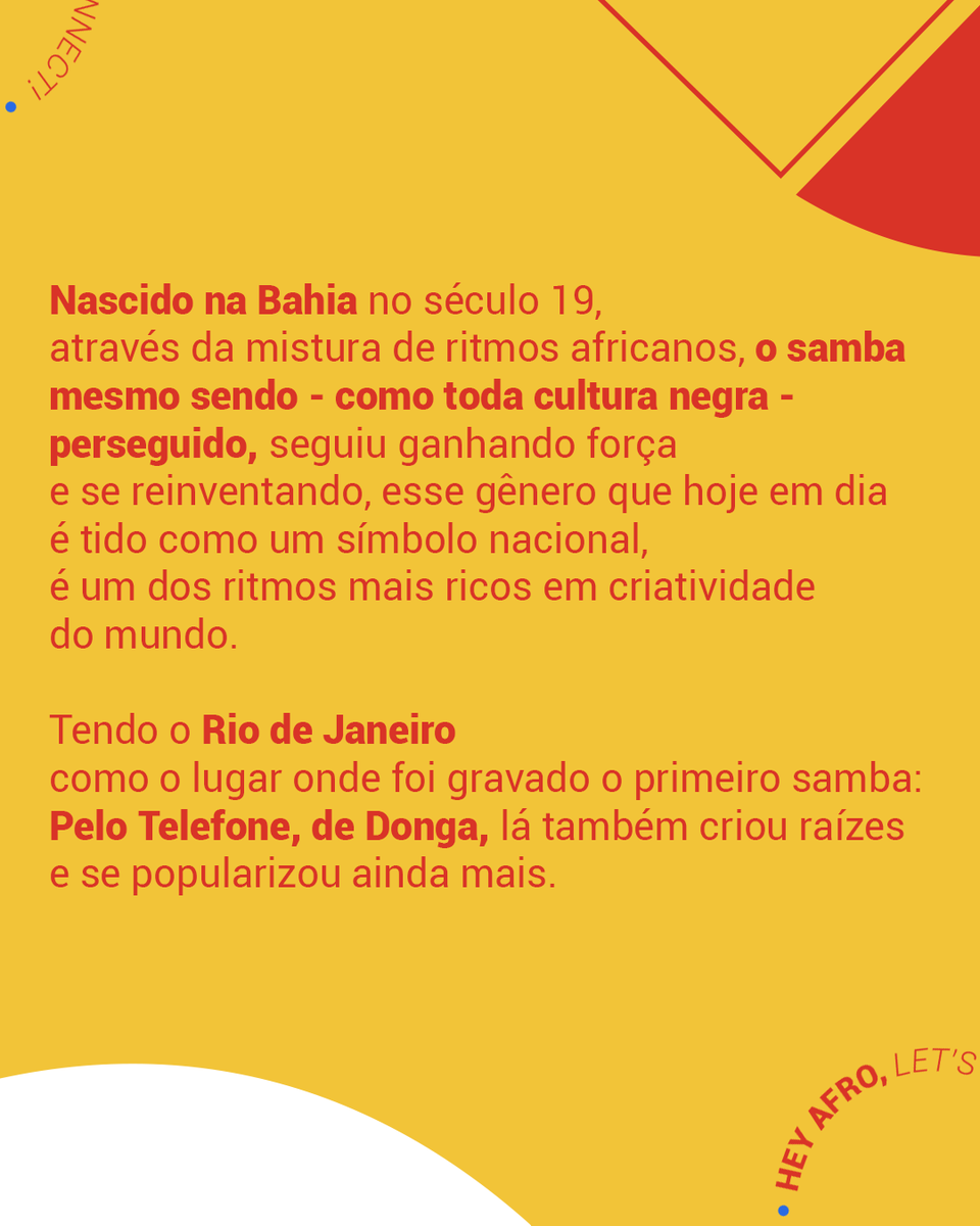 AfroDspConnect's tweet photo. 🎶 Hey Afro, celebrando o Dia Internacional do Samba, arrasta para o lado e vamos juntos explorar a riqueza musical e linguística desse gênero brasileiríssimo nascido aqui na Bahia.

#DiaDoSamba #CulturaAfro #AfroDiaspora https://t.co/AVwtSck3DP