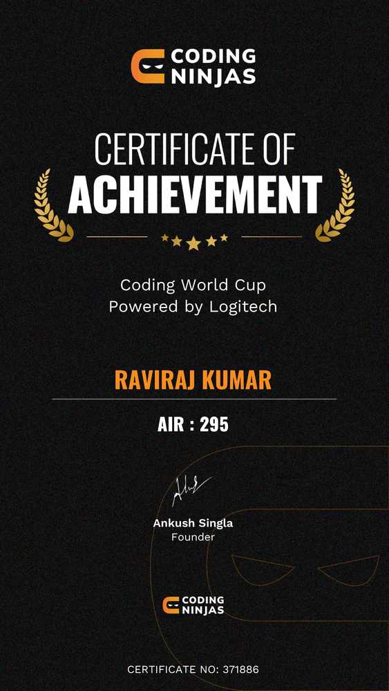 RaviRaaZ_Tiwari's tweet image. I’m so happy to share that I have received a Certificate of Achievement from @CodingNinjasOff for the Coding World Cup powered by @Logitech. It was a great learning experience and I’m grateful for the opportunity. #codingninjas #codingworldcup #logitech