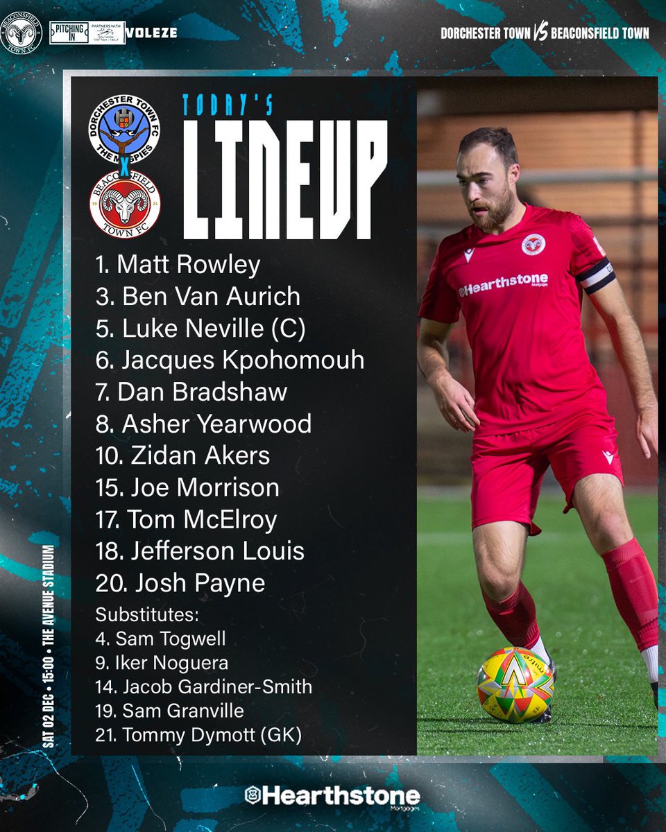 Here is how your 🐏 lineup for this afternoon’s <a href="/SouthernLeague1/">The Pitching In Southern Football League</a> match at <a href="/DorchTownFC/">Dorchester Town FC</a>