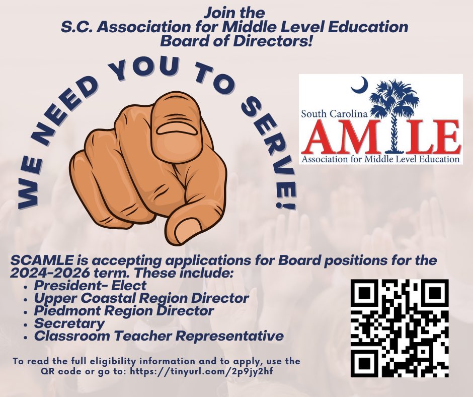 scmiddlelevel's tweet image. Are you interested in serving on the SCAMLE Board of Directors? 🫵

SCAMLE is now accepting applications for Board positions for the 2024-2026 term. 

See below for available positions!