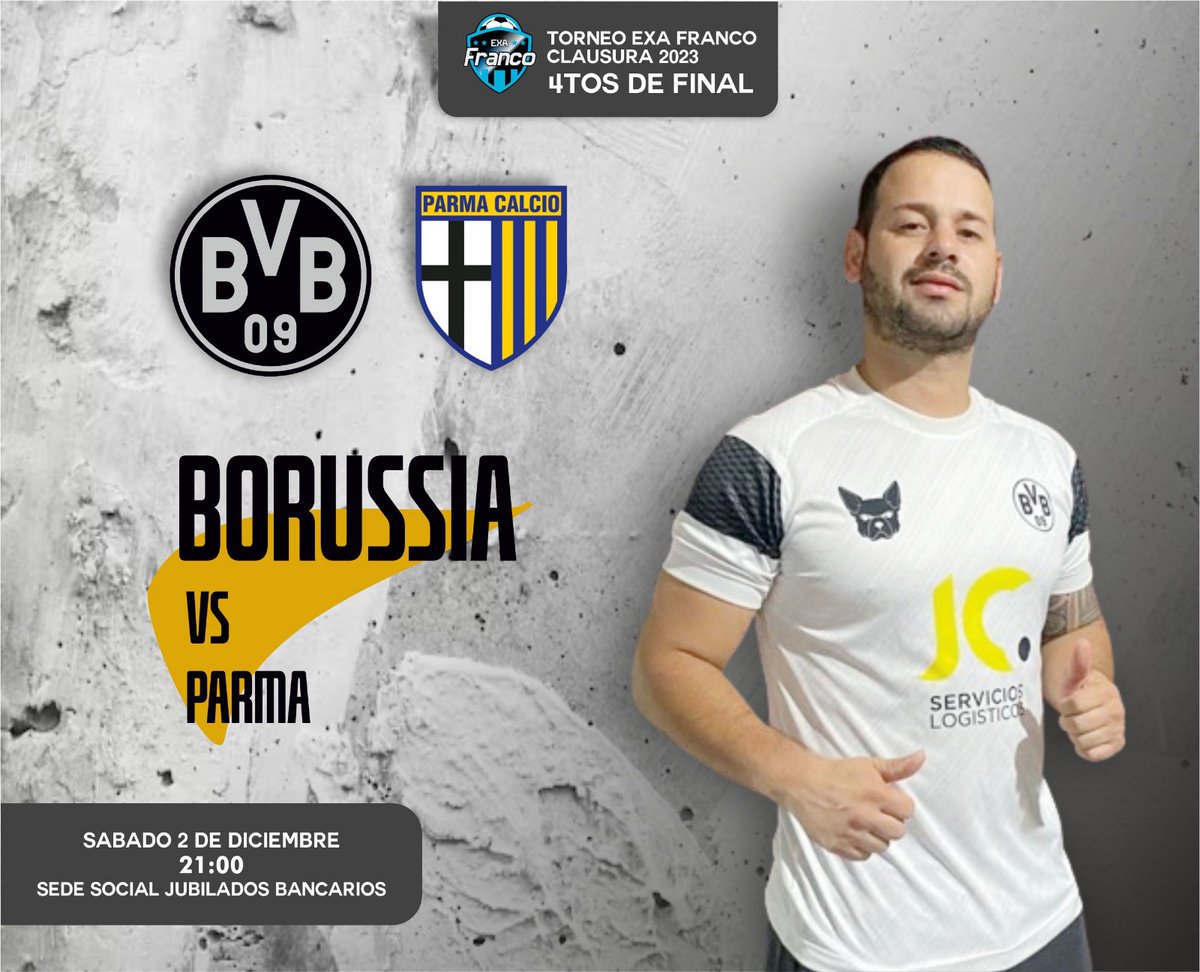 Borussia vs Parma08

🏆 4tos de Final  <a href="/exafranco/">Torneo Exa Franco</a>
🗓 Sab 02/12
🕤 21:00
📍 Sede Jubilados Bancarios