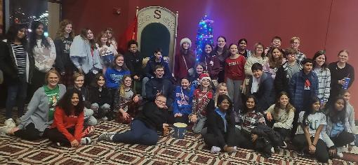 NMS cast, crew, families of Elf the Musical Jr at private screening of Elf the movie - such fun! #proud2bmps @NMS_Mustangs
