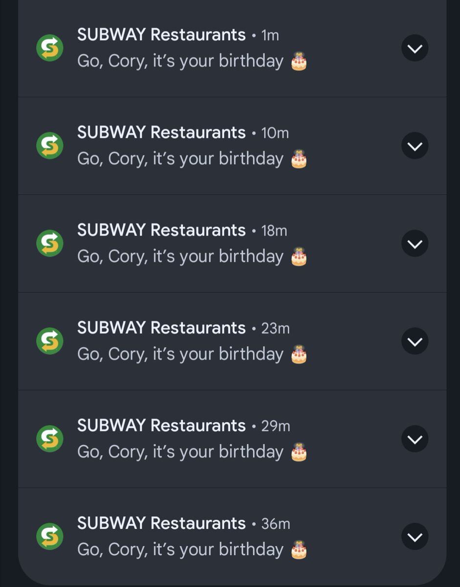 Corysf9ers's tweet photo. @SUBWAY I know today is my birthday and you really want me to get a free cookie, but this is too much. I've deleted at least 6 others already this morning. I got 2 more just while typing this. https://t.co/JjjbZAgEXA