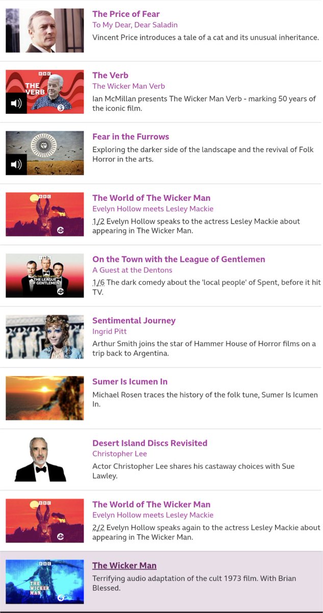 Today from 5pm <a href="/_EvelynHollow/">𝐄𝐯𝐞𝐥𝐲𝐧 𝐇𝐨𝐥𝐥𝐨𝐰</a> 'sacrifices' BBC Radio 4 Extra's normal schedule for a Wicker Man-inspired eve. Feat. Edward Woodward in The Price of Fear, <a href="/MsLesleyMackie/">Lesley Mackie</a>, <a href="/ArfurSmith/">Arthur Smith</a> with Ingrid Pitt, <a href="/MichaelRosenYes/">Michael Rosen 💙💙🎓🎓 NICE 爷爷</a> 
The Wicker Man <a href="/AnthonyDPMann/">Anthony D.P. Mann</a> &amp; more! bbc.co.uk/schedules/p00f…