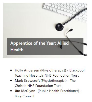 ⭐️ Delighted that we have not one, but two‼️well deserved nominations for our #physio apprentices!! ⭐️ well done @holly0289 @ScowcroftMark good luck to both of you🤞🏾🍀@Apprenticeships @thecspstudents @BeverleyHarden @BTHTherapies @TheChristieNHS