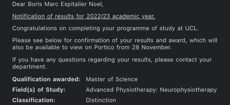 So happy to share that I have successfully completed my MSc in Advanced Neurophysiotherapy at UCL with a distinction. 
This MSc has not only expanded my knowledge but has also equipped me with valuable skills that will undoubtedly shape my future practice.