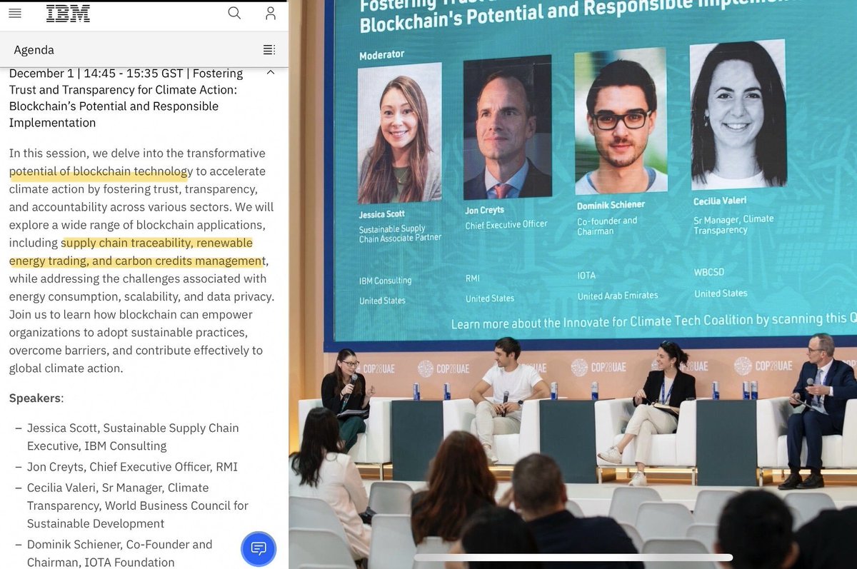 DomSchiener's tweet photo. Had a great pleasure speaking at this year's @COP28_UAE about Blockchain and how we at #IOTA are advancing real world adoption to digitize industries and tokenize assets.

Thank you to the great folks at IBM and from the COP team for organizing the panel https://t.co/oVGNDoCtBj