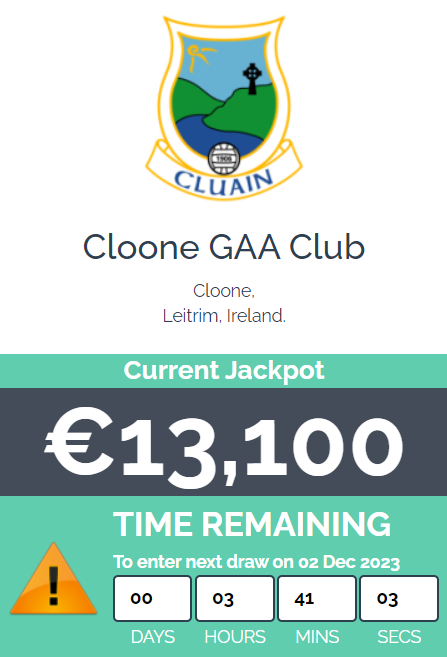 Still time left to play our Lotto Tonight 2nd December in McKeon's Bar Cloone. Jackpot is 13,100   Play here: clubs.clubforce.com/clubs/gaa-cloo…