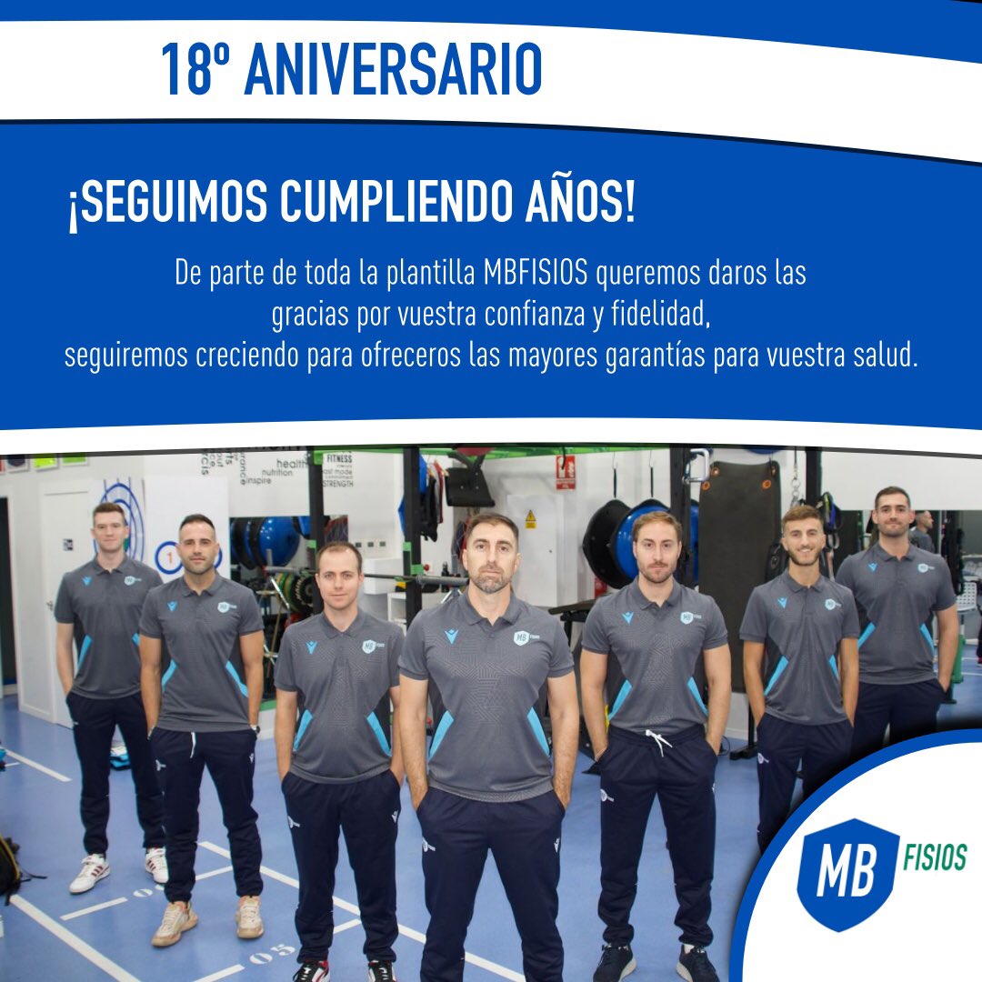 🎂🎂 18° ANIVERSARIO

¡Seguimos cumpliendo años!
De parte de toda la plantilla MBFISIOS queremos daros las gracias por vuestra confianza y fidelidad, seguiremos creciendo para ofreceros las mayores garantías para vuestra salud. 

⚪️🔵 @mbfisios