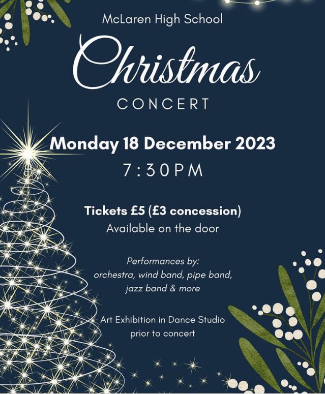 Come and join us for a terrific evening of festive music and cheer on 18 December. We will be ably supported by fine musicians from the wider school community. @McLarenArtDes will also be exhibiting some artwork by some of the fantastically talented pupils.