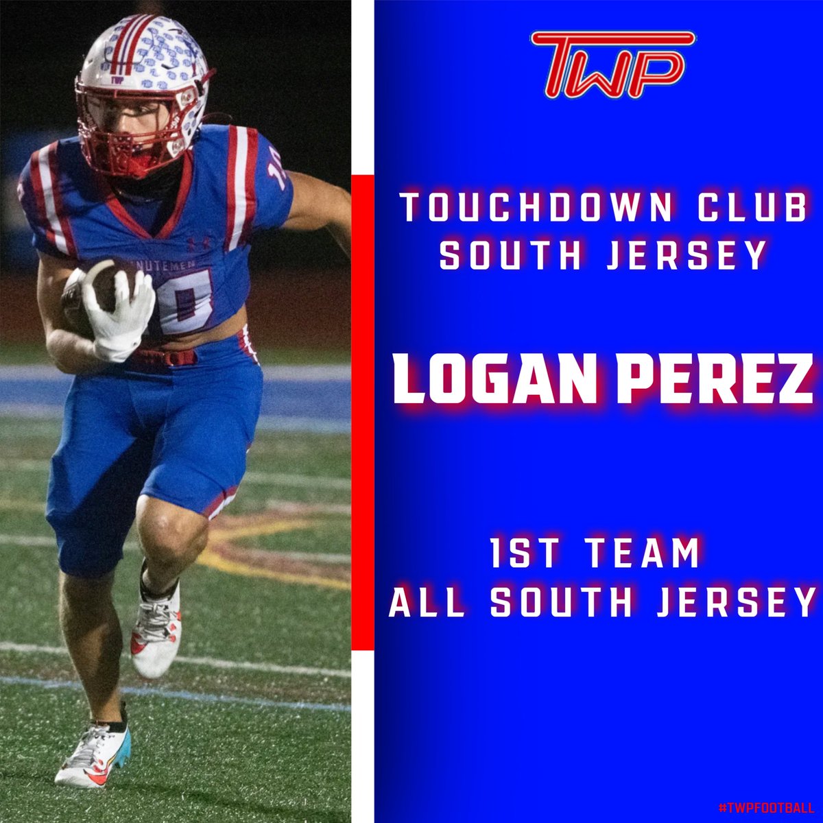 Congratulations to Sr. Logan Perez for his selection to the Touchdown Club All South Jersey team. Perez helped guide the Minutemen to their best record since 2003 and a trip to the Sectional Championship. He finished the season with 1,152 All Purpose Yards and 8 Touchdowns!