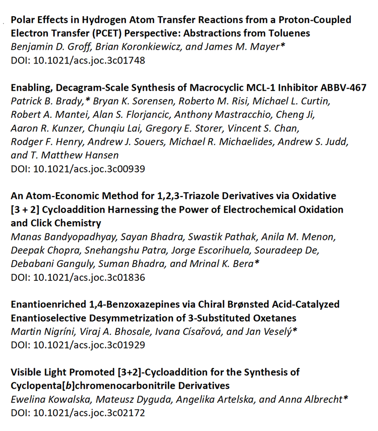 JOC_OL's tweet photo. Here they are, our most-read new #JOrgChem articles from the past month. Please have a look at what your colleagues and friends are finding interesting 👇👇

https://t.co/X3LxUll6Yf
https://t.co/1mxQ20gqW1
https://t.co/G3e5vI7VMX
https://t.co/5R2bakHqLR
https://t.co/q7neSSOCov https://t.co/7CXIwDXlBo