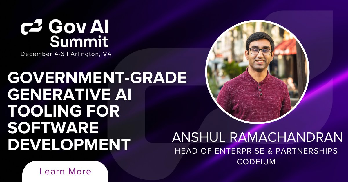 Explore generative AI tailored for government agencies with <a href="/_anshulr/">Anshul Ramachandran</a> from <a href="/codeiumdev/">Codeium</a>. Learn how to boost software development while maintaining top-notch security &amp; compliance.

Register: bit.ly/3N4rYcl

#GovAI23 #GenerativeAI #ResponsibleAI #PublicSector #AISecurity