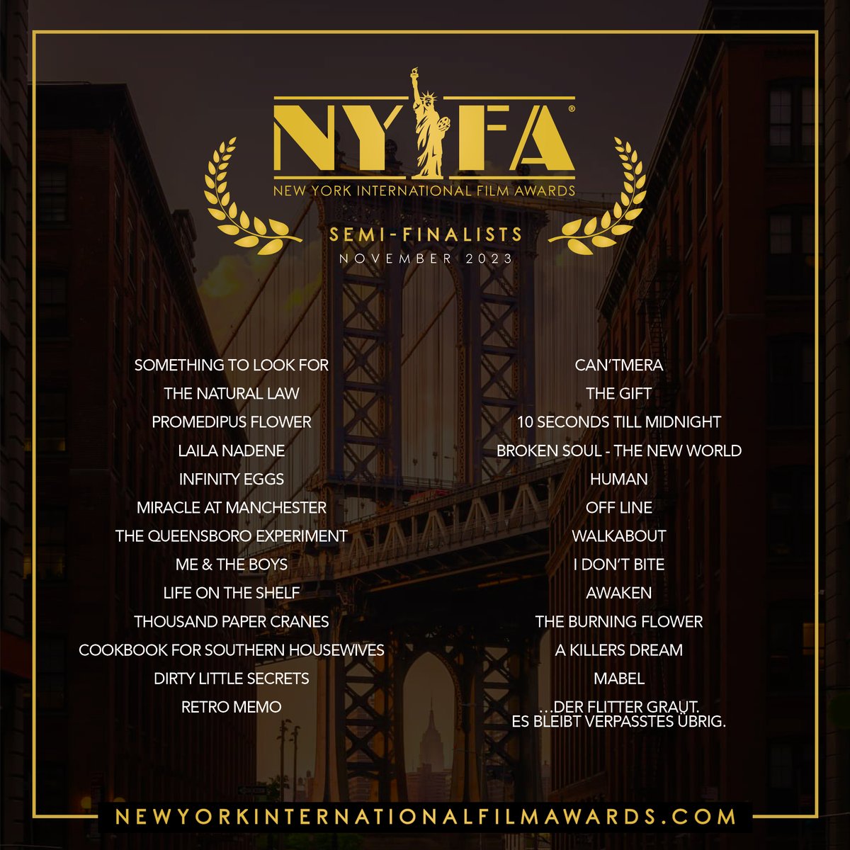NYIntFilmAwards's tweet photo. 🗽Congratulations to all the Amazing #SemiFinalists of the November Edition! 🎬 #NYIFA
.
.
If you are a Semi-Finalist, be sure to check the email address you entered on FilmFreeway and/or your spam folder. https://t.co/XSmpo70vTA
