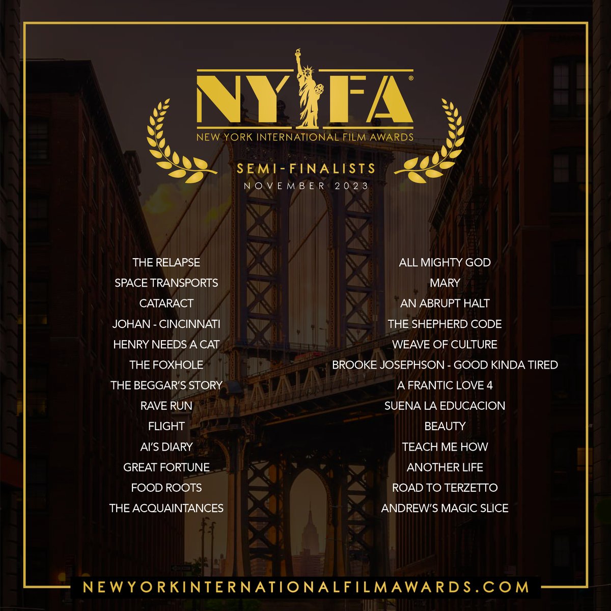 NYIntFilmAwards's tweet photo. 🗽Congratulations to all the Amazing #SemiFinalists of the November Edition! 🎬 #NYIFA
.
.
If you are a Semi-Finalist, be sure to check the email address you entered on FilmFreeway and/or your spam folder. https://t.co/XSmpo70vTA