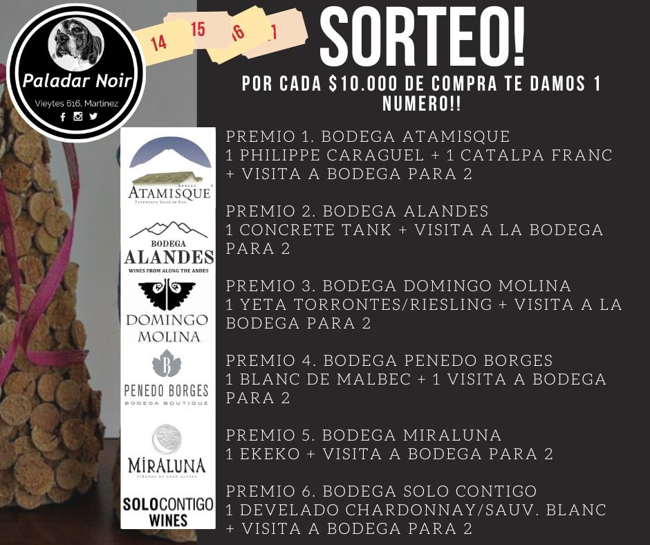 Queridos Paladares, buenos días!☀️🌇 
Durante todo el mes de diciembre podrán participar con su compra en un sorteo de fin de año.🎉🍾🍾🎊
Por cada $10.000 de compra TE LLEVÁS UN NÚMERO!!!💯
Sortearemos 6 premios que se detallan en el flyer. 
Tami y Hernán 
Paladar Noir🐶🍷