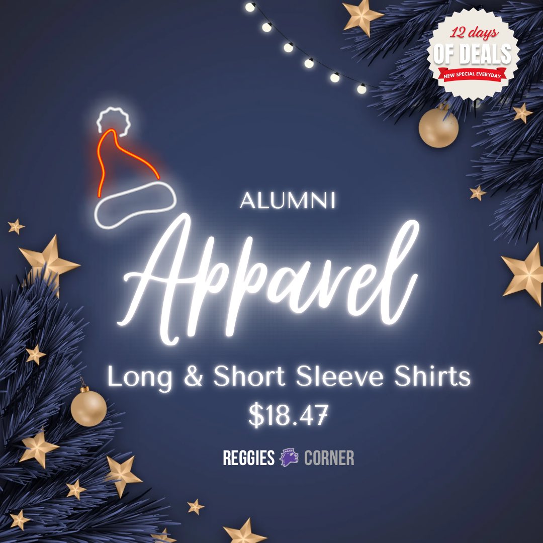 Day 6 of 12 Days of Deals. All Alumni Tshirts and Long Sleeve Shirts are only $18.47! Today only! We are open 10am-2pm.