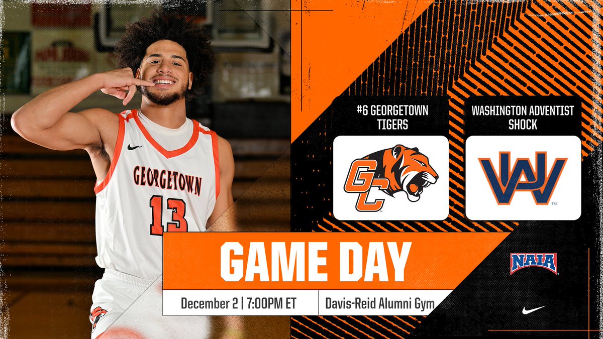 GCAthletics's tweet photo. Tonight, #6 @GtownTigersMBB goes for NAIA win #2001 at Davis-Reid Alumni Gym as they take on Washington Adventist at 7:00pm. Fans attending are advised to avoid Main St due to the Christmas Parade. #TigerPride 
📊https://t.co/cWtoCswQbQ
📺https://t.co/lNUolFanCH https://t.co/0h1EWZdYF9