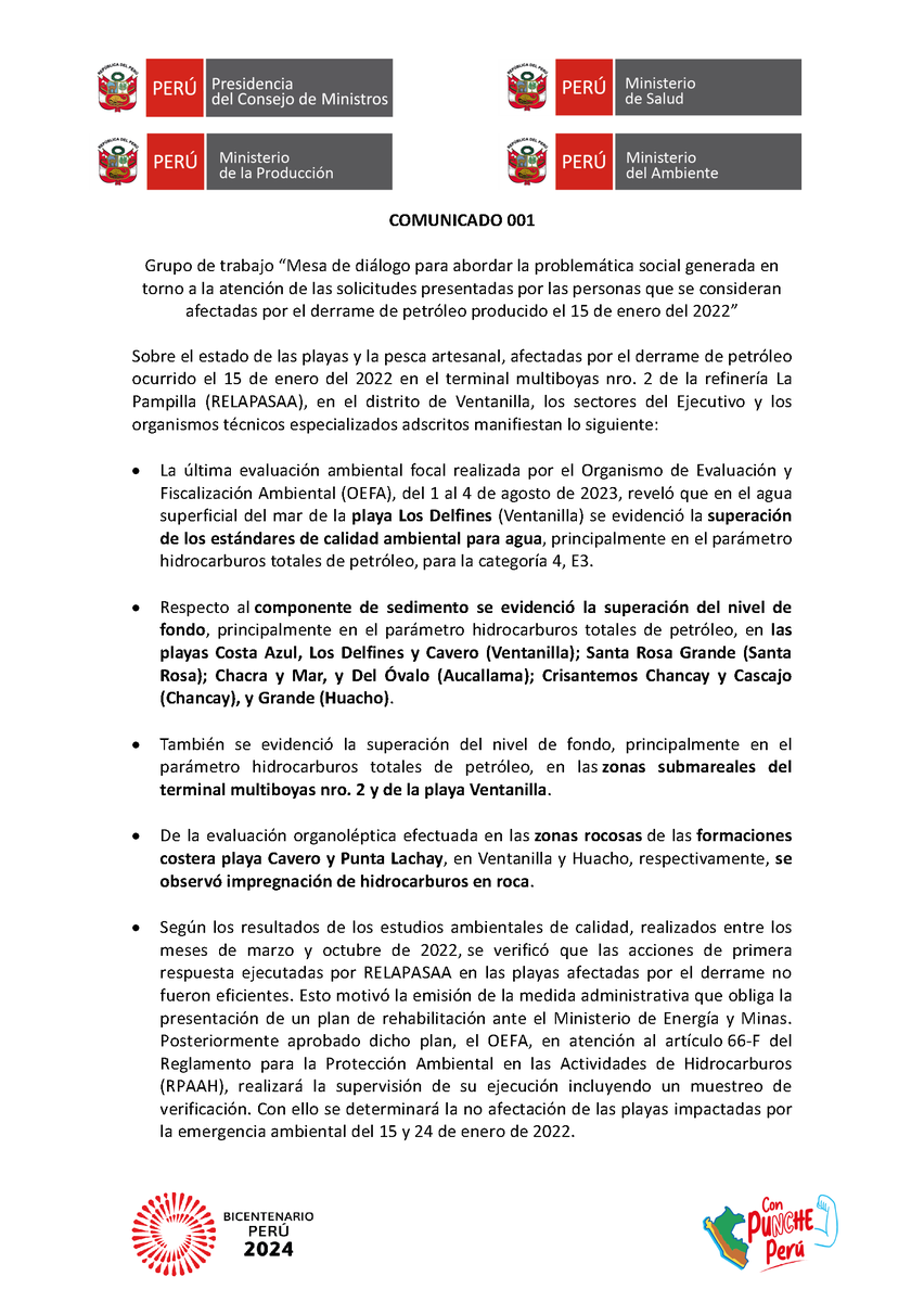 ImarpePeru's tweet photo. 📄 Comunicado sobre el estado de las playas y la pesca artesanal, afectadas por el derrame de petróleo ocurrido el 15 de enero del 2022 en el distrito de Ventanilla. https://t.co/j8Uz3JkVln