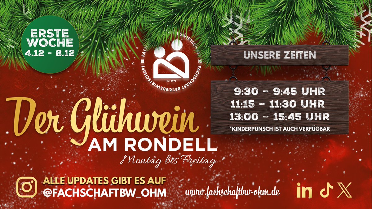 Die Weihnachtssaison hat eröffnet und wir von der Fachschaft haben was ganz Besonderes am Start! Glühwein am Rondell (BL-Gebäude)

Kommt ab dem 4. 12., kommenden Montag einfach mal vorbei! Alle Updates findet ihr auf unserem Instagram-Kanal.