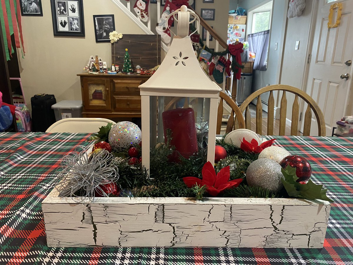 Handmade centerpiece for sale. Wooden box is 19”x13” and the lantern is 16” tall.