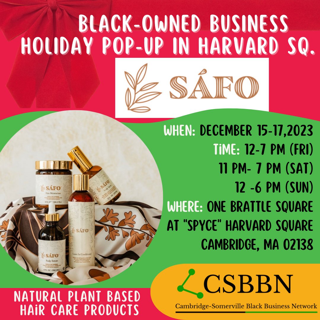 🚨Holiday Black Business Pop-Up Vendor Spotlight!🚨

From December Friday  the 15th to Sunday the 17th, get the chance to shop locally at Safo, where you can buy natural plant-based hair care products for you or your loved ones!!, a woman-owned and minority-owned business❣️☃️❄️