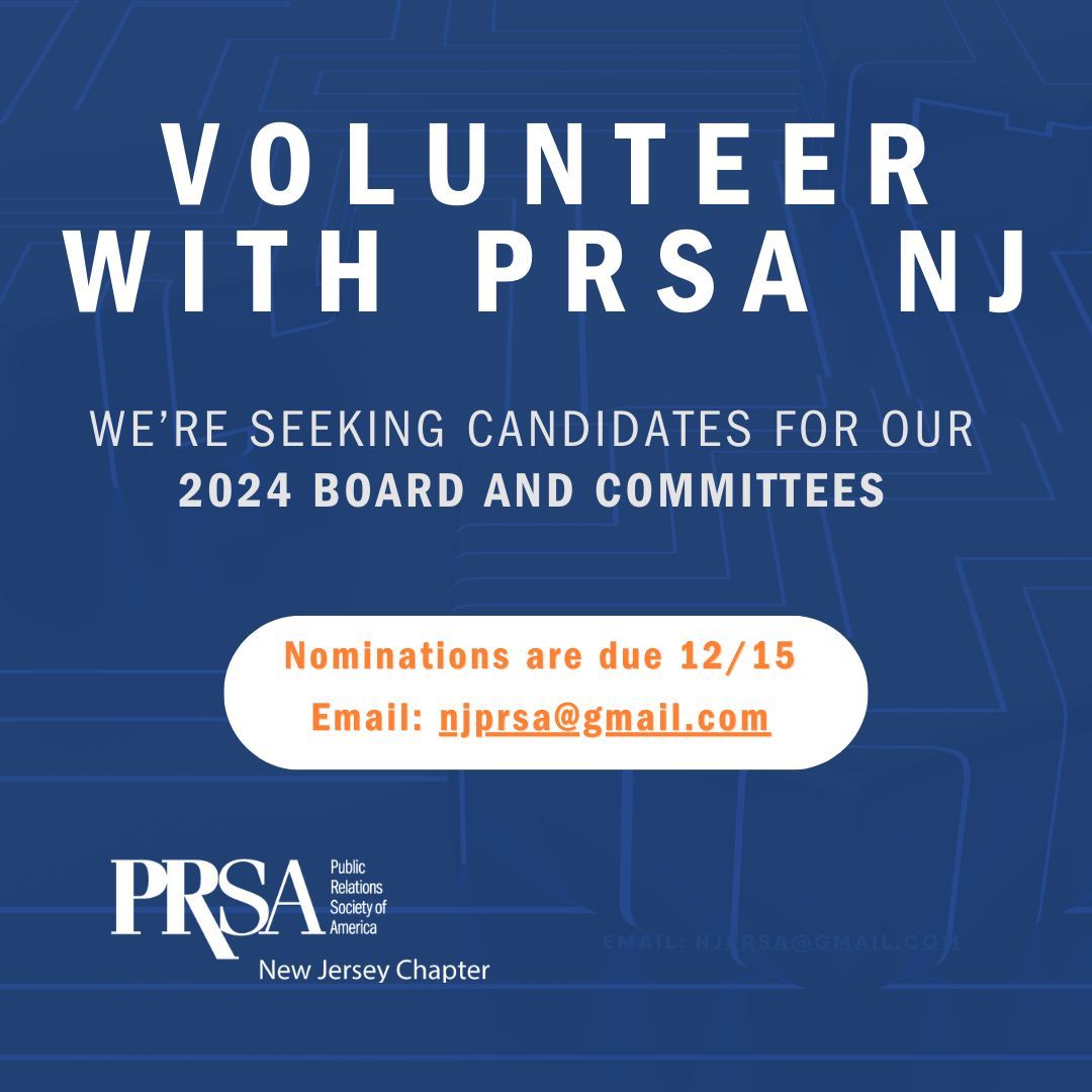 PRSA New Jersey (@prsanj) on Twitter photo π’ Calling all PRSA NJ members! We're on the lookout for passionate individuals like YOU to join the 2024 Board and Committees! π€ Elevate your career, network with PR pros, and make a difference. Submit nominations or express interest by emailing njprsa@gmail.com before 12/15! π’ Calling all PRSA NJ members! We're on the lookout for passionate individuals like YOU to join the 2024 Board and Committees! π€ Elevate your career, network with PR pros, and make a difference. Submit nominations or express interest by emailing njprsa@gmail.com before 12/15!