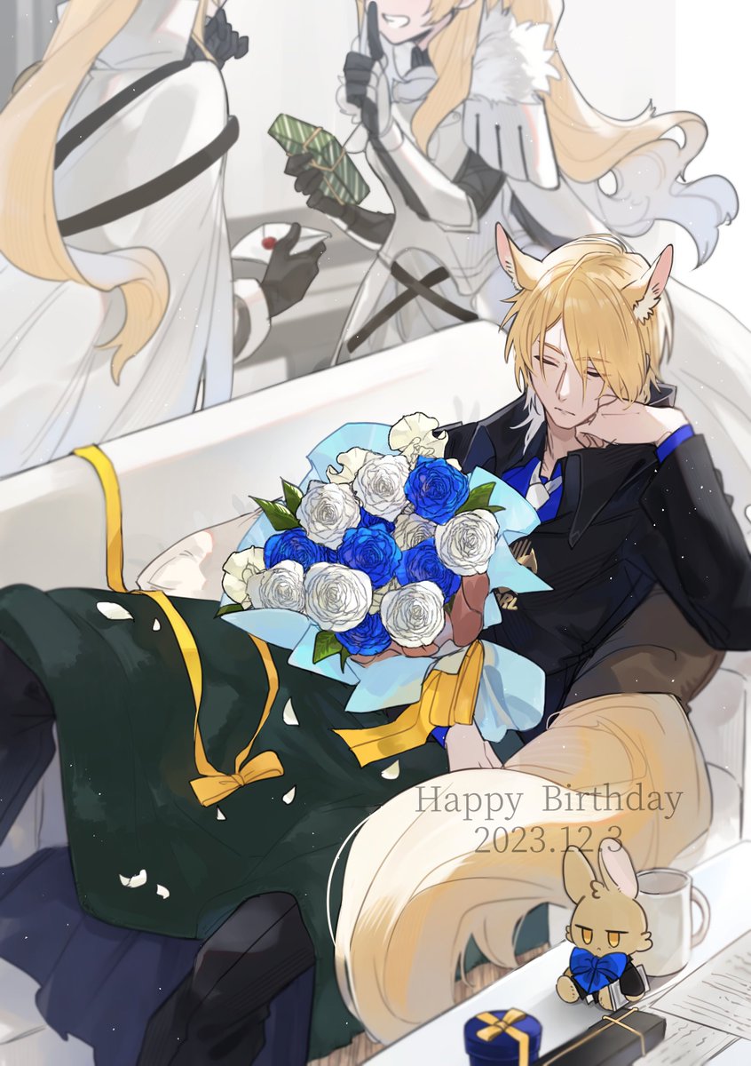blemishine (arknights) ,nearl (arknights) bouquet holding bouquet animal ears blonde hair horse ears flower gift  illustration images