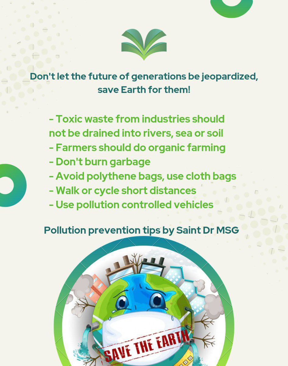 The continuous increase in pollution is life threatening for every creature. Let's not let the future of generations be jeopardized. Say NO to air,water &land pollution. Use cloth bags instead of polythene bags.
Saint Ram Rahim Ji.
#EndPollution
#WorldPollutionPreventionDay