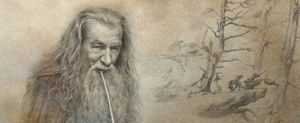 __Imladris__'s tweet image. La trilogía de El Hobbit sigue dividiendo a los fans de Tolkien, pero es innegable que las ilustraciones de Alan Lee de los créditos de las películas son simplemente perfectas, las cuales recopilo en este hilo:

1. Gandalf