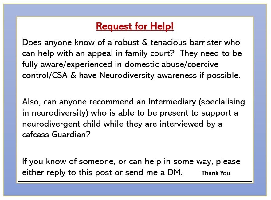 DA_Survivor_'s tweet photo. PLEASE can anyone help a mother in #FamilyCourt who is trying to protect her child from further abuse, &amp; needs to appeal a fact-find?
We need recommendations of a robust UK barrister who understands #DomesticAbuse⬇️ https://t.co/MOYZYwopwM