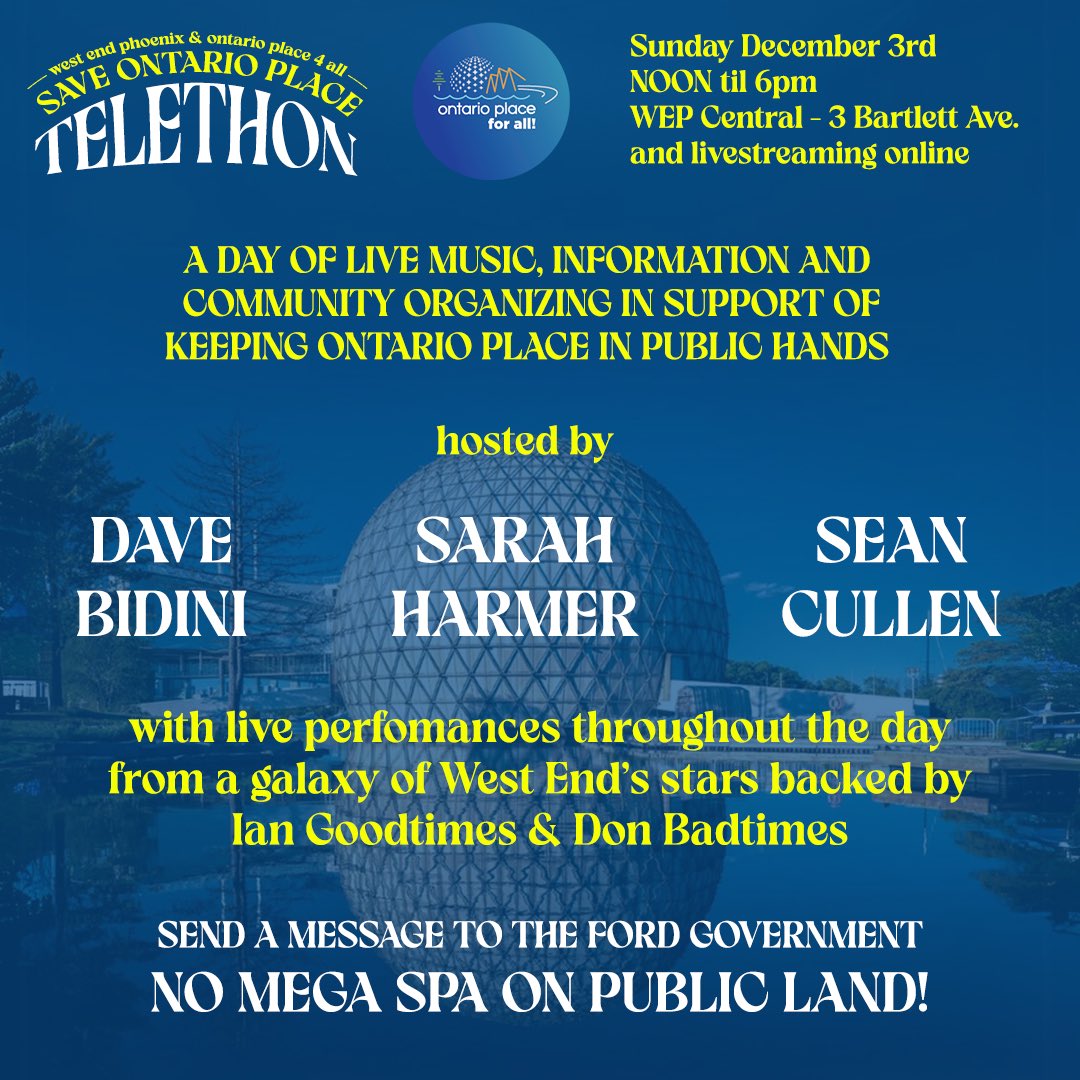 West End Phoenix (@westendphoenix) on Twitter photo If you are coming by our Save Ontario  Place Telethon tomorrow, you can look also look forward to hot dogs from <a href="/sanagans/">Sanagan'sMeatLocker</a>, fresh coffee from <a href="/BrocktonHaunt/">The Brockton Haunt</a>, baked goods from <a href="/mildredstemple/">Mildred</a> and sodas Geez Louise.
Huge thanks to these community giants for support the cause. If you are coming by our Save Ontario  Place Telethon tomorrow, you can look also look forward to hot dogs from <a href="/sanagans/">Sanagan'sMeatLocker</a>, fresh coffee from <a href="/BrocktonHaunt/">The Brockton Haunt</a>, baked goods from <a href="/mildredstemple/">Mildred</a> and sodas Geez Louise.
Huge thanks to these community giants for support the cause.