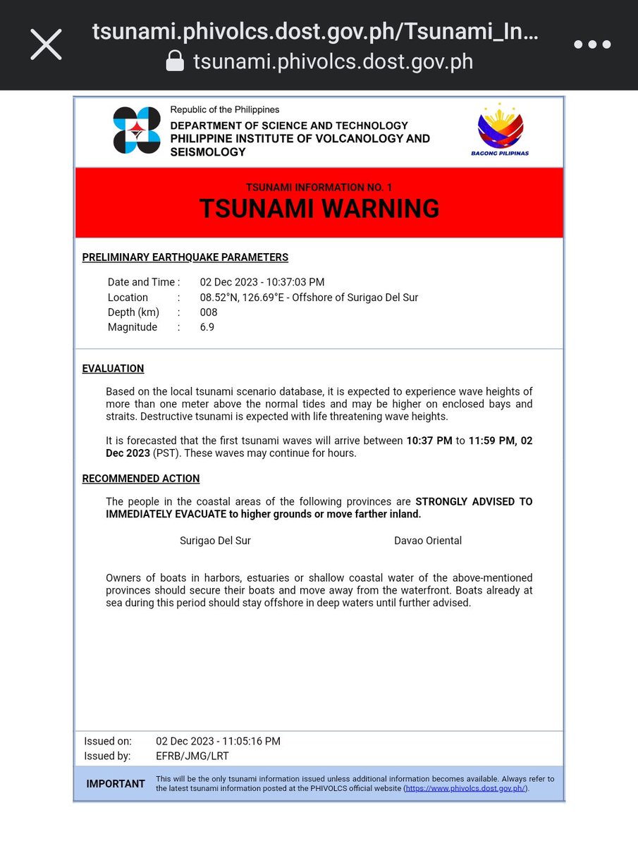 Ajin_ssi's tweet photo. People in Surigao del Sur and Davao Oriental need to evacuate, there is a tsunami warning #EarthquakePH https://t.co/ISKmmQwPEA
