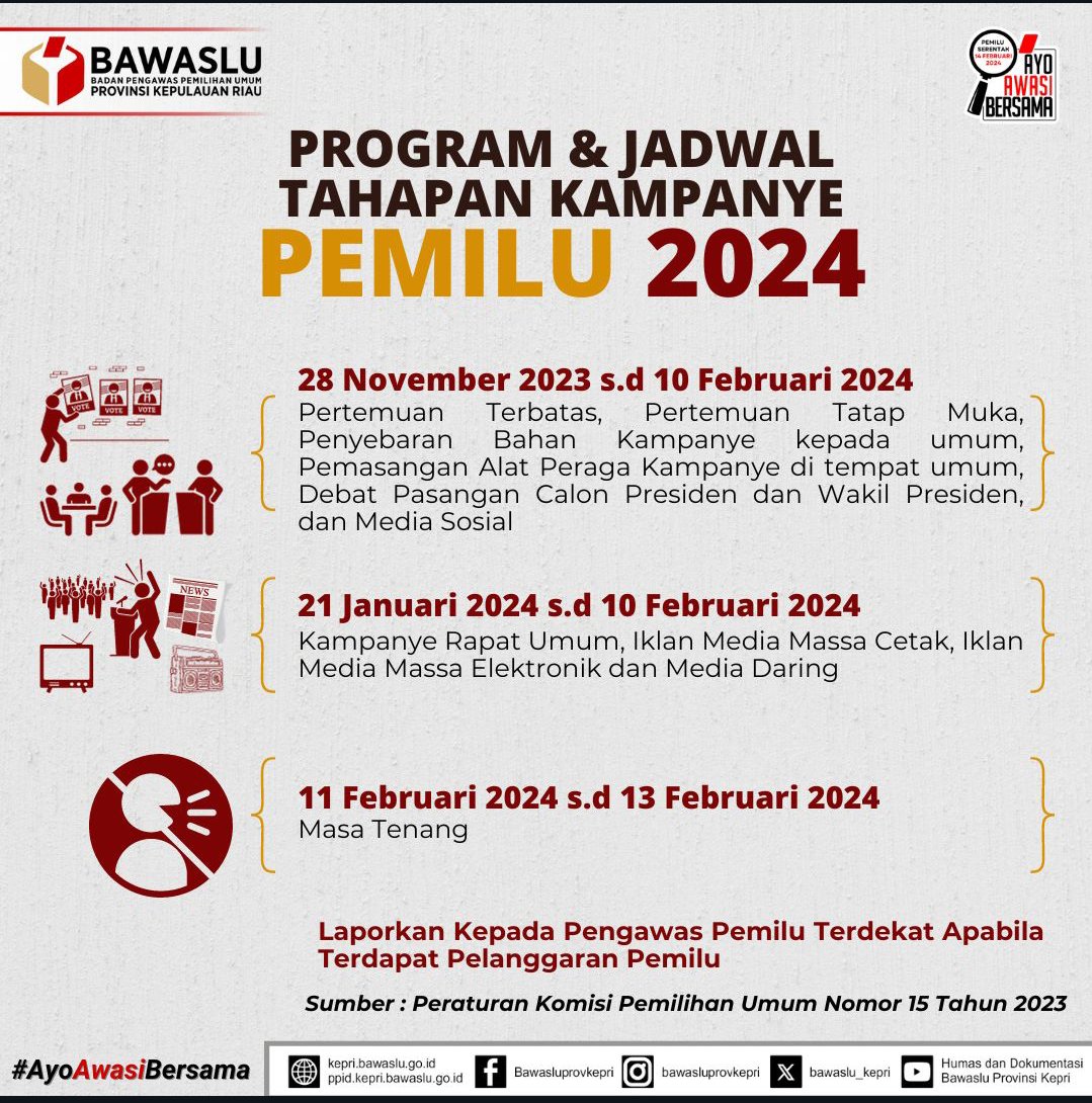 joyce16889's tweet photo. Pemilu 2024 telah memasuki masa kampanye pemilu. Mari Ciptakan pemilu yang bijaksana dan LUBERJURDIL. Berikut jadwal tahapan kampanye Pemilu 2024 untuk diketahui
#KampanyePemilu2024
#AyoAwasiBersama
#PemiuSerentak2024
#BawasluKepri
@BawasluRI
@BawasluProvKepri
@Bawaslu_Kota_Batam https://t.co/dzACd9hDOG