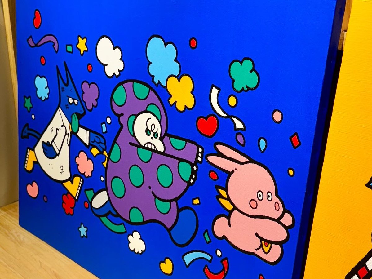 『バビデブとおいかけるドクドクとポカン』

Size : W803 x H652mm
Acrylic on canvas

○□♡☆

#イラスト　#アクリル　#キャンバス