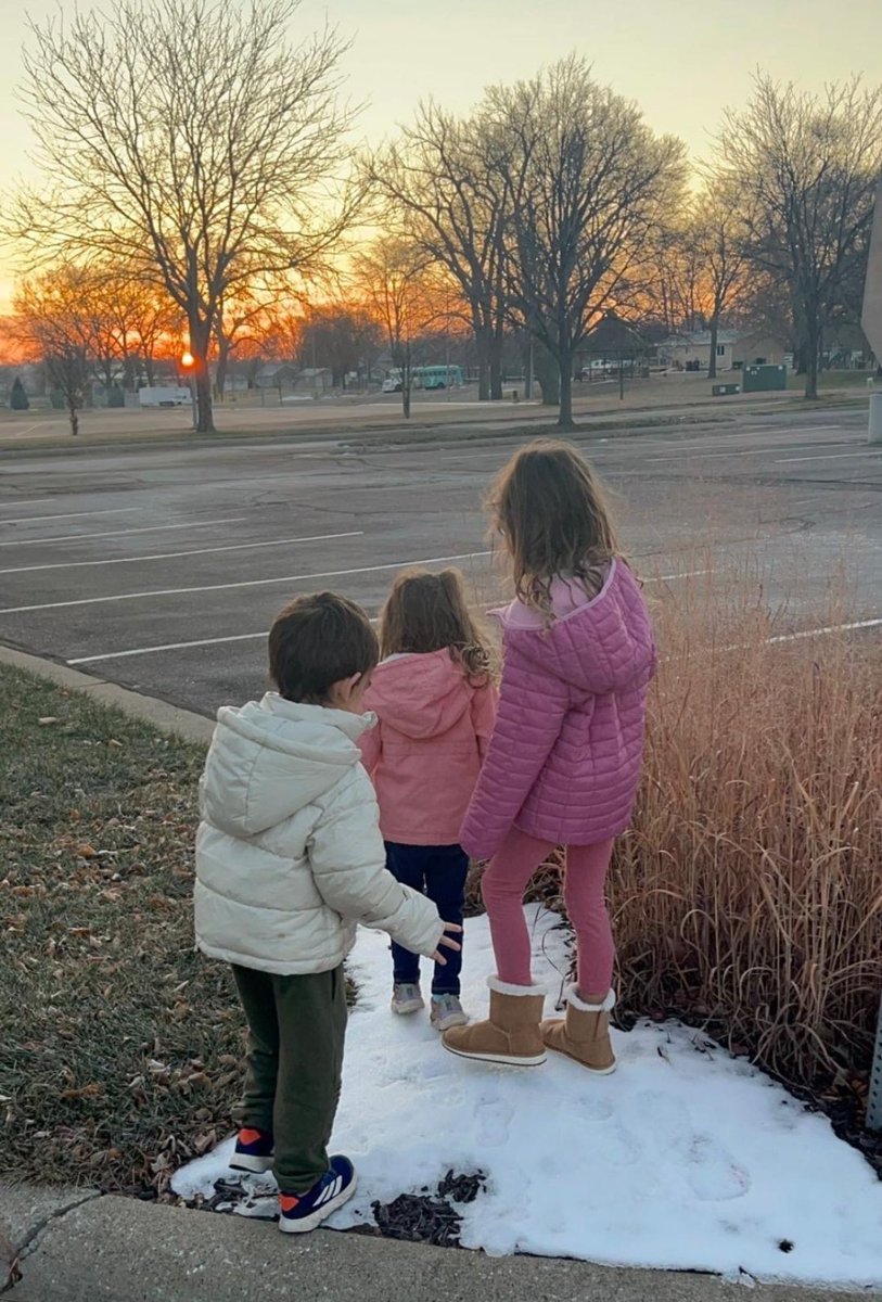 Good morning, Iowa! Big day today: our 99th county stop, and the kids got to see snow for the first time!