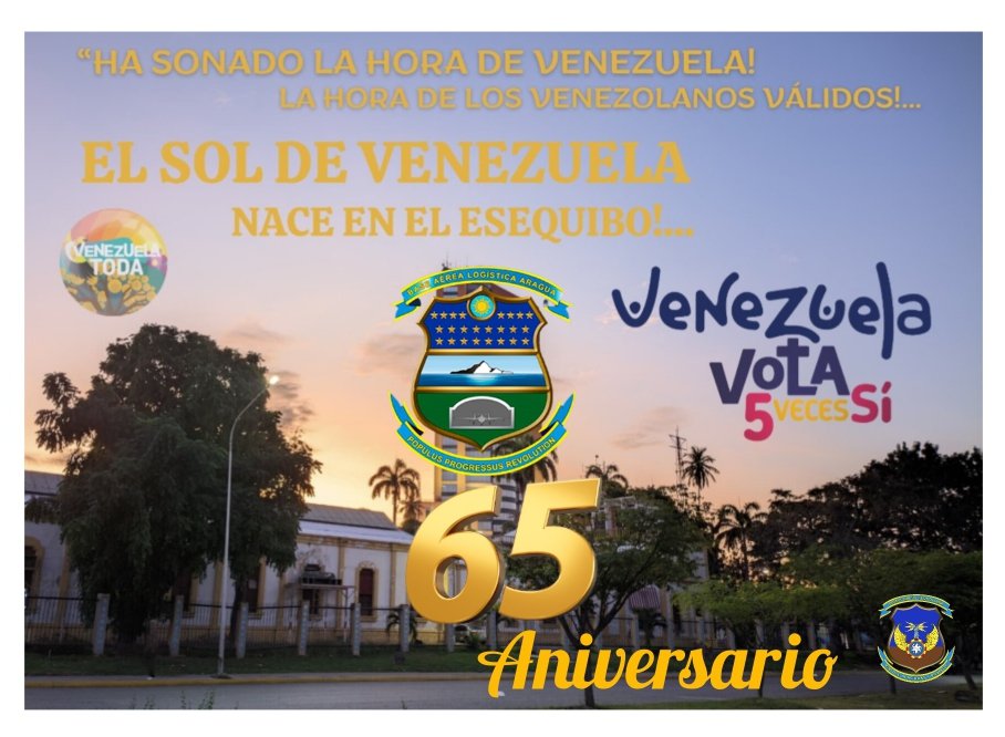 #2Dic Con orgullo y emoción felicitamos a los hombres y mujeres que cumplen funciones en la @Baragua10,  por arribar a sus 65° Aniversario. ¡felicitaciones!
#AbracemosElEsequibo 
#ElEsequiboEsDeVenezuela