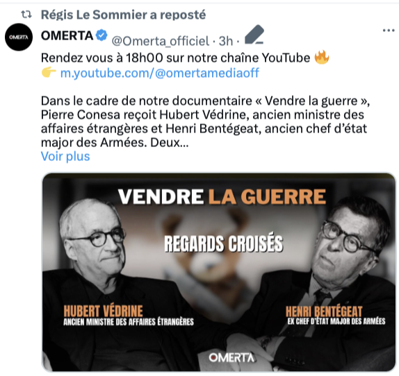 benoitmgh's tweet photo. ⚠️ Hubert Védrine, pro #Russie , invité régulièrement par @LCI , membre du Conseil d'Administration de l' IRIS @InstitutIRIS de Pascal Boniface, anti #Ukraine car "il est réaliste" ... 
est aussi invité sur @Omerta_officiel le média pro 🇷🇺 de Charles d'Anjou et de @LeSommierRgis 
(Régis Le Sommier qui dédicace son livre à la @LibrVincent d'extrême droite, identitaire, #antisémite , au fort tropisme Nazi ...)

Il sera interviewé par Pierre Conesa , un des plus fidèles  "clients" du Dialogue 🇫🇷🇷🇺 de @ThierryMARIANI  

Le général Henri Bentégeat ancien Chef d'Etat major de l'armée 🇫🇷 a un très fort tropisme 🇷🇺 , même quand il était en fonction ... (il y a vraiment un problème dans l'armée 🇫🇷 ...)